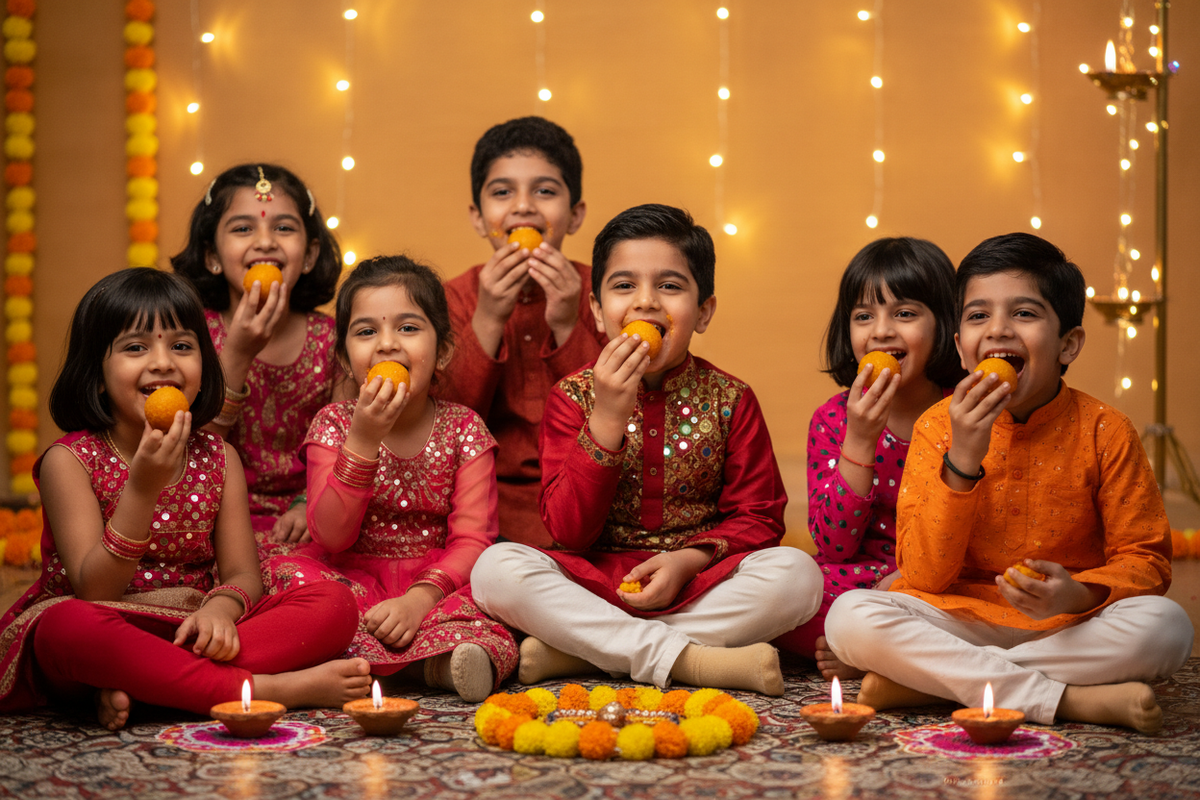Children eating Laddu at Diwali