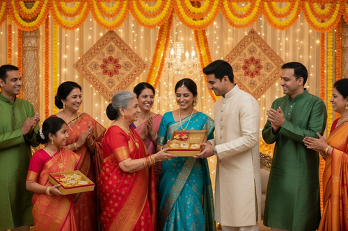 Family Exchanging Gurlakh Sweets at Wedding